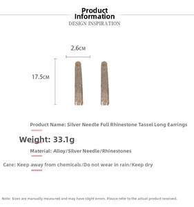 Detailed size specifications and weight for the long rhinestone tassel earrings