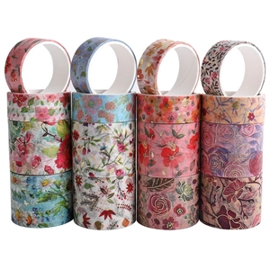 Detail of 12 rolls floral washi tape set with gold foil stamping and vintage flower patterns
