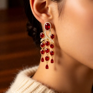Macro shot of vintage gold tassel earrings with red gemstones and zircon crystals