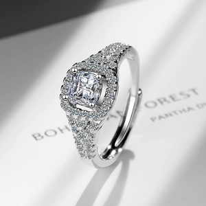 Sparkling silver cubic zirconia ring with cushion-cut stone and adjustable open band