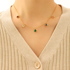 Minimalist gold beaded necklace with five colorful teardrop zircon charms for women
