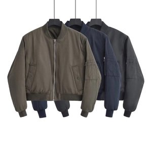 Women Short Bomber Jacket Retro Solid Color Long Sleeve Zipper Ribbed Trim Outerwear Polyester Casual Windproof Style