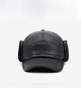 Front view of black leather winter cap for seniors featuring ear flaps and warm lining