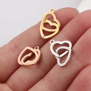Three-color double interlocking heart connectors in gold, rose gold, and silver finishes