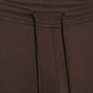 Dark brown athletic sweatpants with adjustable drawstring and detailed knit fabric texture