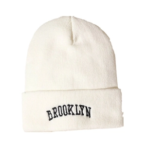White BROOKLYN knit beanie hat for winter warmth with black embroidery lettering
