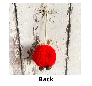 Back view of a Christmas reindeer plush ball hanging ornament with wood antlers