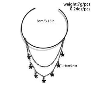 Macro detail of gothic black choker with star pendant showing dimensions and weight