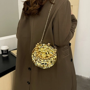 Chic golden rose flower hard shell bag with pearl handle and metal chain shoulder strap