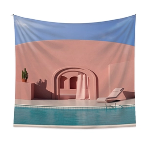 Detail eines böhmischen Wandteppichs mit rosa Bögen und blauem Pool in minimalistischer Kunst