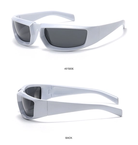 Detailed views of white Y2K sports sunglasses from 45-degree side and back angles