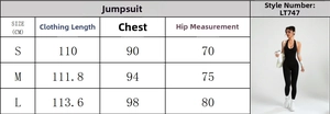 Detailed size guide for black halter neck seamless yoga jumpsuit showing S M L dimensions