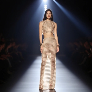 Champagne Gold 3D Floral Applique Lace Crop Top And Mesh Transparent Fishtail Maxi Skirt Sexy Evening Party Women Outfit