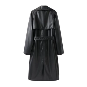 Classic black long leather trench coat with waist belt shown from back view on white background