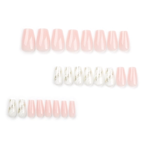 Pink ballet press-on nails with white marble design and golden glitter accents set