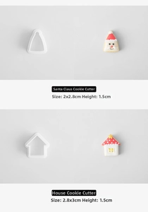 Detail of mini Santa and house plastic cookie molds for Christmas baking with measurements