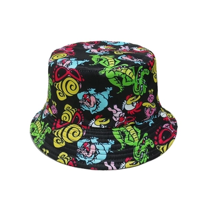 Black bucket hat with colorful cartoon dinosaur prints for men and women sun protection