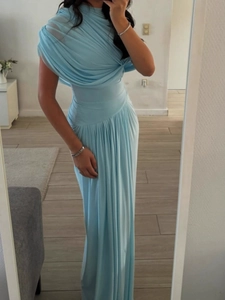 Women Elegant Evening Dress Polyester Sleeveless Mock Neck Ruched Pleated Slim High Waist Solid Color Maxi Party Gown