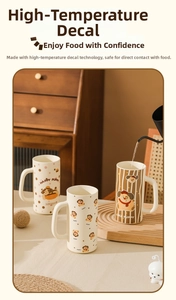 Detail of cute puppy ceramic mugs with high handle on a wooden tray with water splash