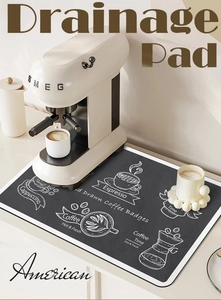 Absorbent coffee machine drainage pad featuring vintage style hand-drawn coffee icons