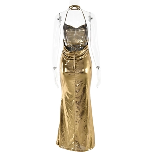 Detail view of the backless cowl neck dress in metallic gold finish on a mannequin