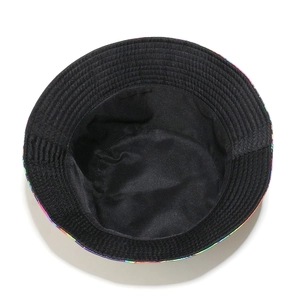 Top-down view of a bucket hat featuring black fabric lining and colorful patterned brim
