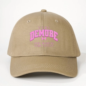 Khaki cotton baseball cap featuring pink Very Demure Very Mindful printed text design