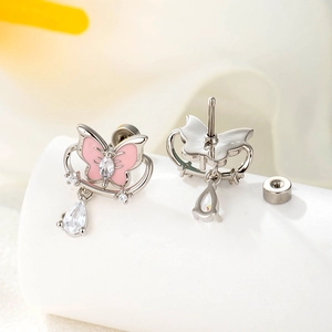 Pink butterfly earrings in silver stainless steel with waterdrop zircon pendants