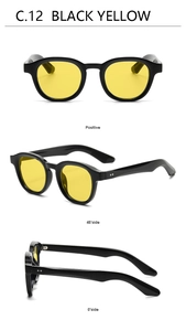 Drei-Seiten-Ansicht der runden Retro-Sonnenbrille mit schwarzem Rahmen und gelben Gläsern