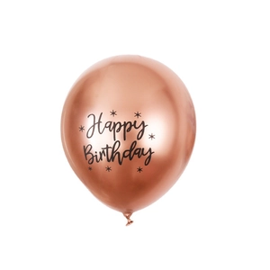 12 inch metallic rose gold latex balloon with Happy Birthday print and stars