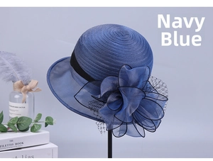 Navy blue organza sun hat featuring large floral decoration and black mesh veil details