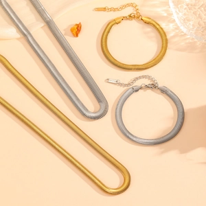 Flat snake bone chain necklace and bracelet set in gold and silver stainless steel