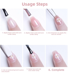 Step-by-step tutorial for applying daisy nail art stickers using tweezers and tools