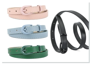 Selection of candy-colored slim PU leather belts in pink, blue, green, and black