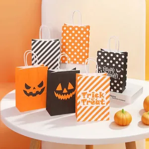Halloween Kraft Paper Gift Bags With Handles Pumpkin Face Stripes Polka Dots For Trick Or Treat Party Favors Holiday Gifting