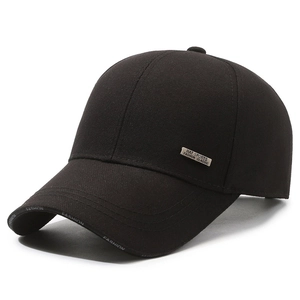 Classic black men's baseball cap with silver metal plate and fashion brim text