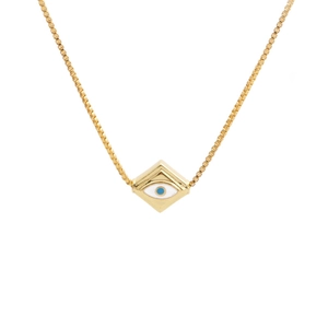 Minimalist gold evil eye pendant necklace with blue enamel and box chain for women