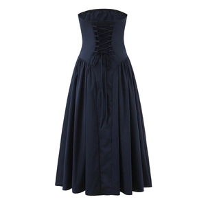 Vestito Senza Spalline Donna Corsetto Schiena Stringata Pieghe Vita Alta Linea A Abito Da Festa Poliestere Cotone Elegante