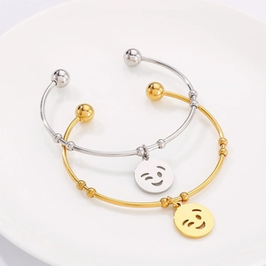 Fashionable titanium steel open bangle set with smiley face charms in gold and silver