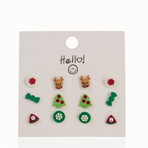 6-pair set of festive Christmas stud earrings featuring reindeer, trees and snowflakes