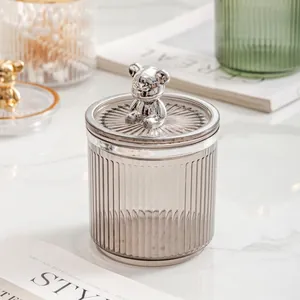 Luxury grey fluted glass storage jar with silver bear handle for jewelry and cotton pads