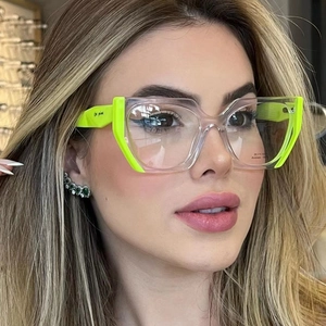 Fashionable oversized square acetate glasses in transparent and neon yellow for women