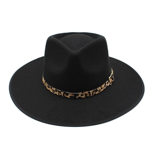 Classic black wool fedora hat with leopard print band and adjustable gold metal buckle