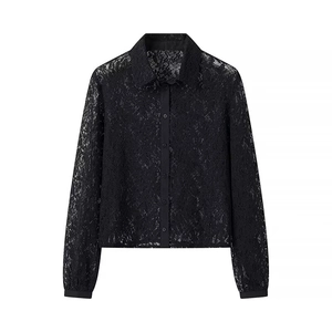Detailed view of black lace long-sleeve shirt with polo collar and button-down front