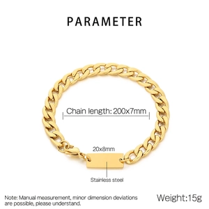 Detailed specs of a 7mm golden stainless steel Cuban link chain with custom plate