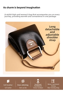 Detail of lychee textured PU leather handbag with silver ring handle and kangaroo logo