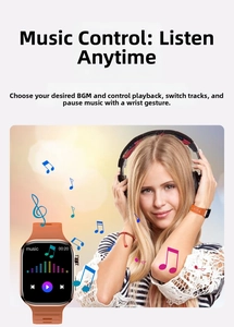 Close-up of smart watch music control interface with a vibrant orange silicone strap
