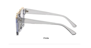 Side view of square transparent grey glasses frame with gold metal temple accents