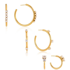 Three pairs of gold-plated 18K stainless steel C-shaped hoop earrings with zircons