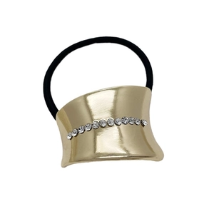 Golden brushed alloy hair tie with sparkling rhinestones and elastic black band